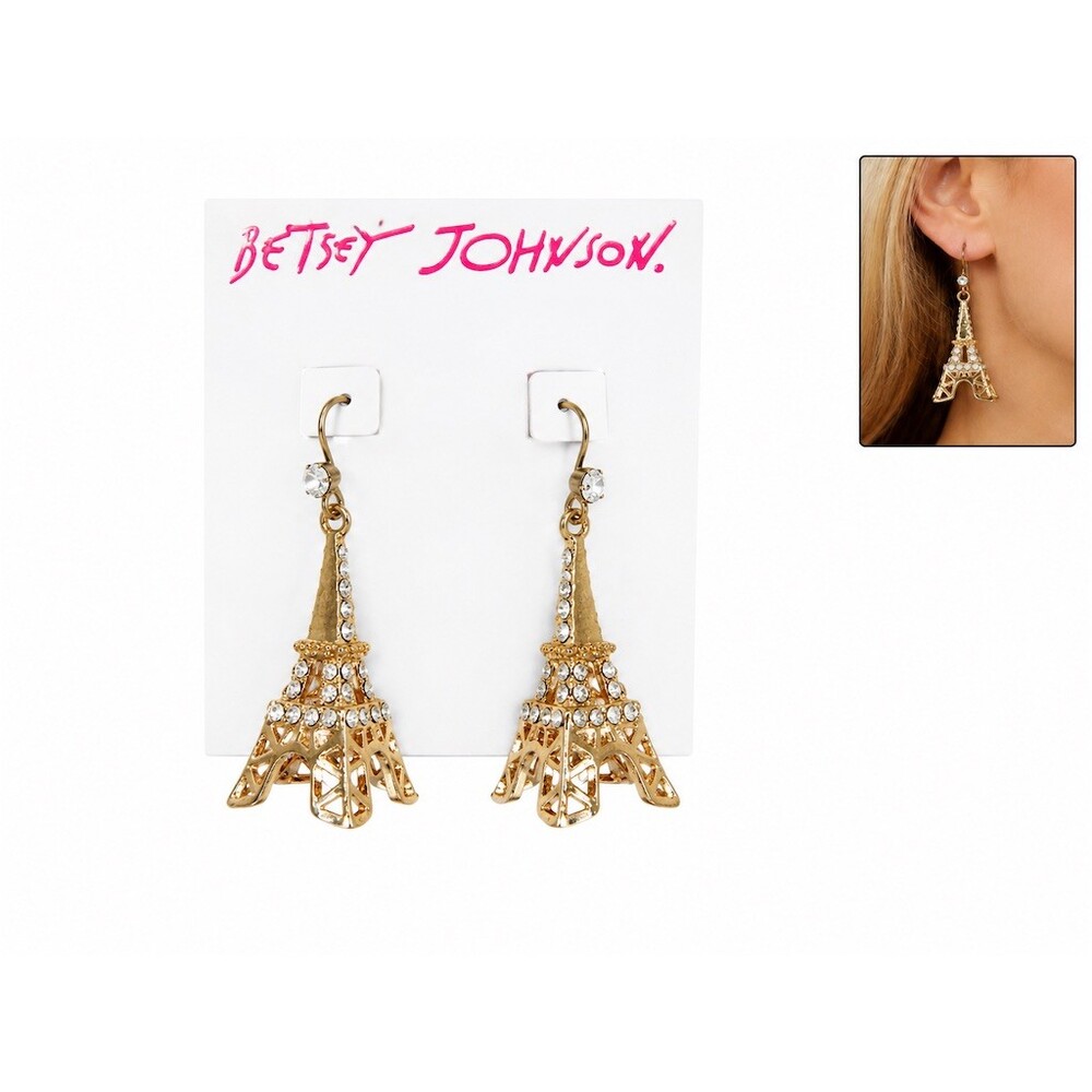 Cute Betsey Johnson Eiffel Tower Dangle Drop Earrings Gold Clear Crystal gift